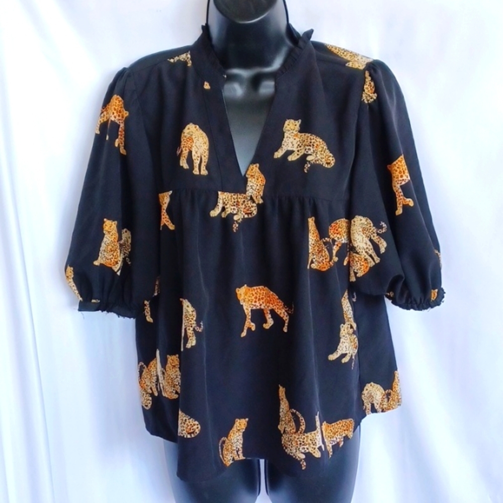 THML Black Leopard Print Blouse, Puff Sleeve, 19" PTP, 23" L